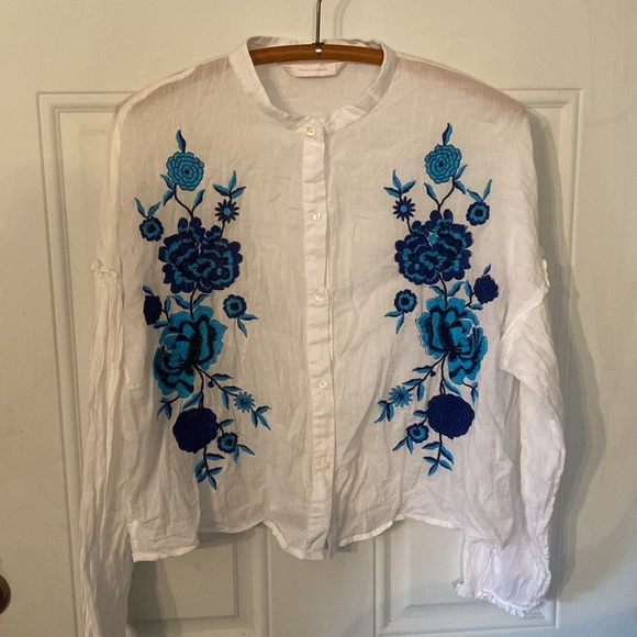 Zara Trafaluc Embroidered Floral Puffy Sleeve Sheer Top - Picture 3 of 11